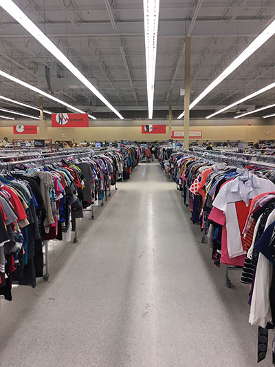 rows of used clothes